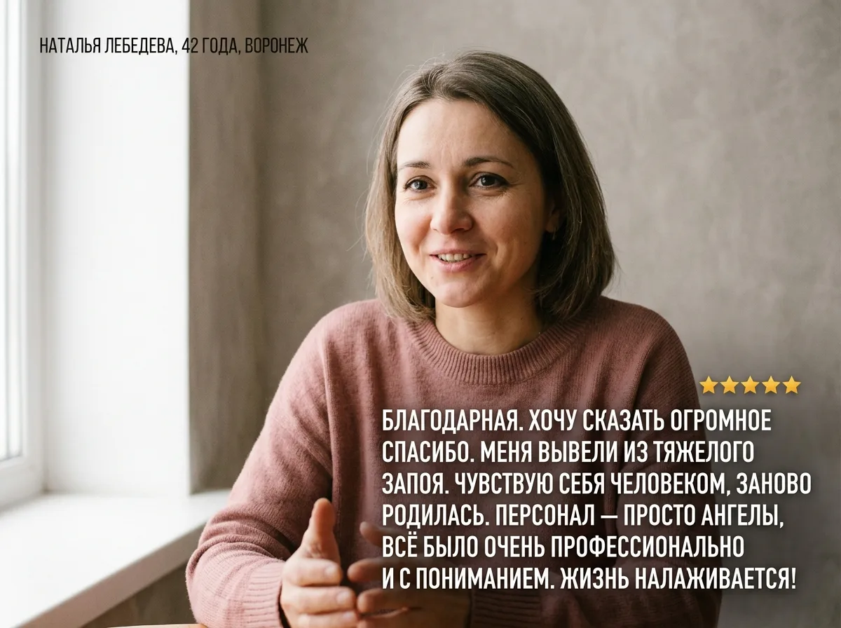 Аватар Наталья Лебедева, 42 года, Воронеж — женщина, портрет на нейтральном фоне, благодарный отзыв о выводе из запоя